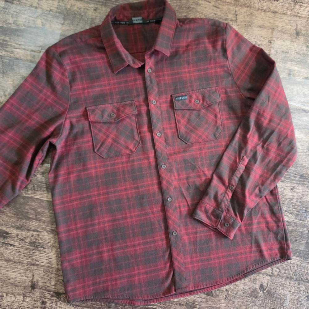 KUIU Flannel Shirt Mens L Red Black Plaid Long Sleeve Button Down Pockets
